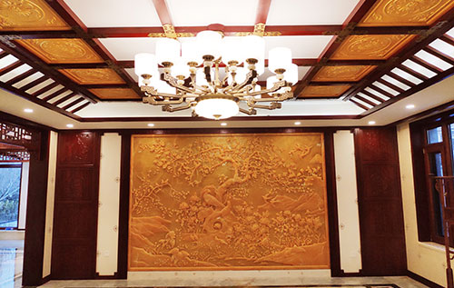 涞水中式别墅客厅中式木作横梁吊顶装饰展示